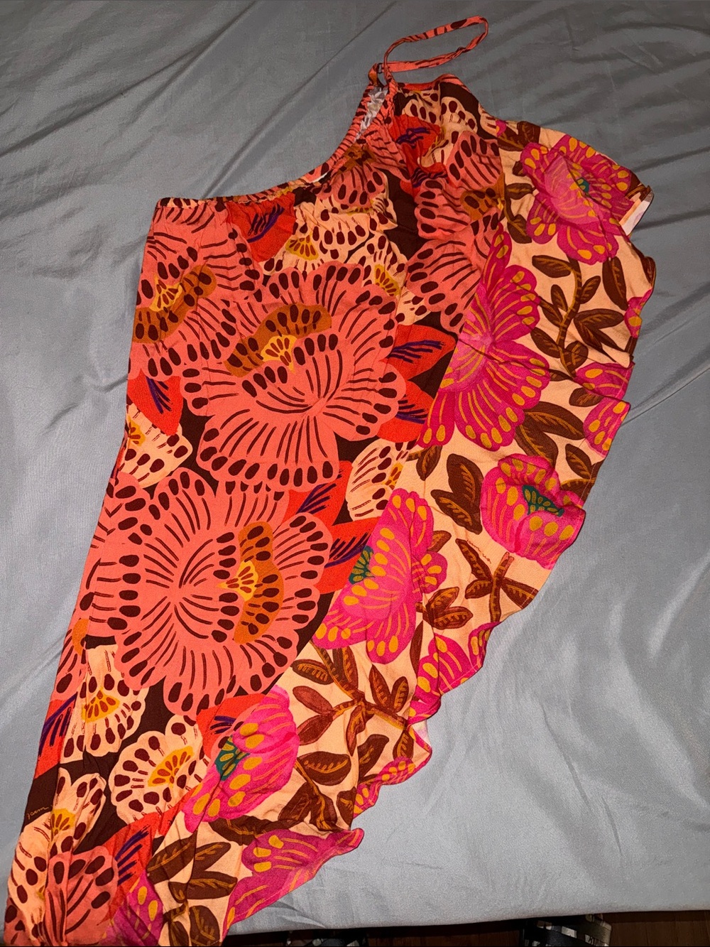 One-Shoulder Floral Women’s Swim Cover-Up in Coral and Pink